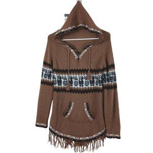 Albinaas Alpaca Hooded Sweater With Llama Pattern & Fringe Size Small Brown